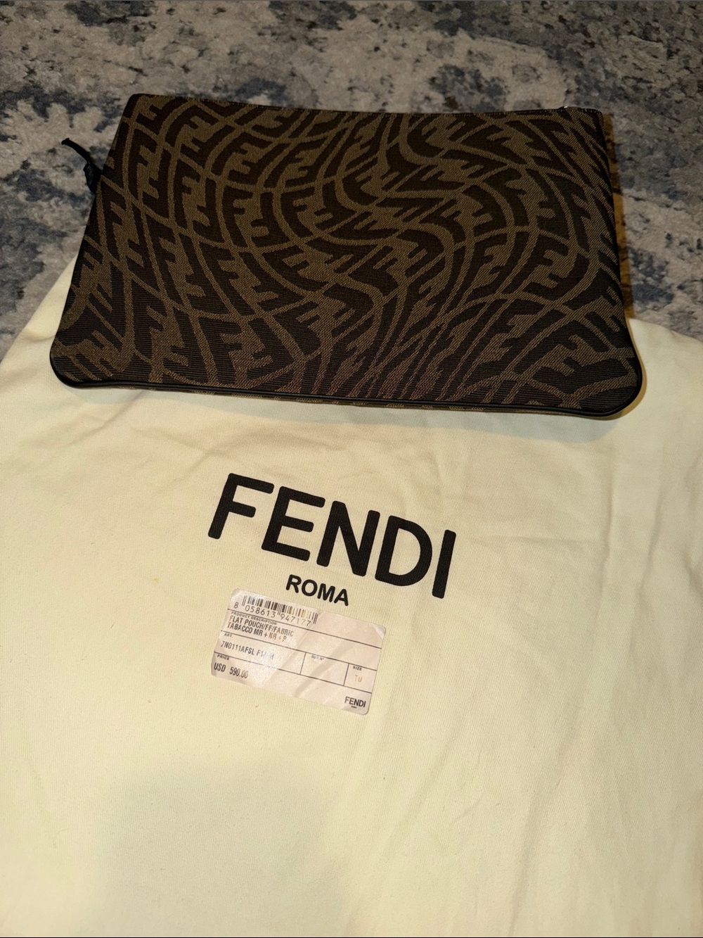 Authentic Fendi Medium FF Vertigo Motif Pouch. Classic brown/black FF jacquard